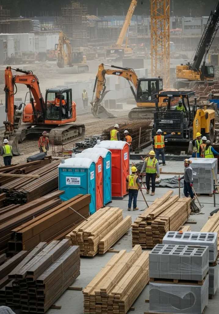 A busy construction site with workers using portable restrooms placed beside heavy machinery and building materials 85623 Oracle, AZ 8 A busy construction site with workers using portable restrooms placed beside heavy machinery and building materials 85623 Oracle, AZ 7