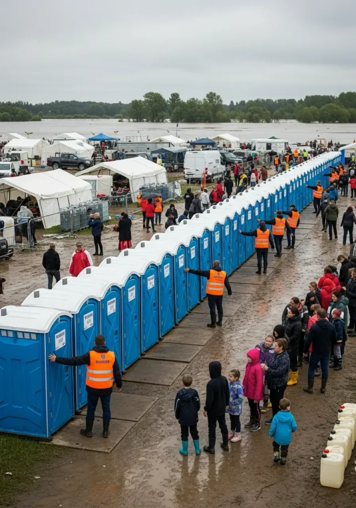 A relief camp after a flood with rows of porta potties volunteers and evacuees using sanitation facilities 7054 Troy Hills, NJ 8 A relief camp after a flood with rows of porta potties volunteers and evacuees using sanitation facilities 7054 Troy Hills, NJ 7