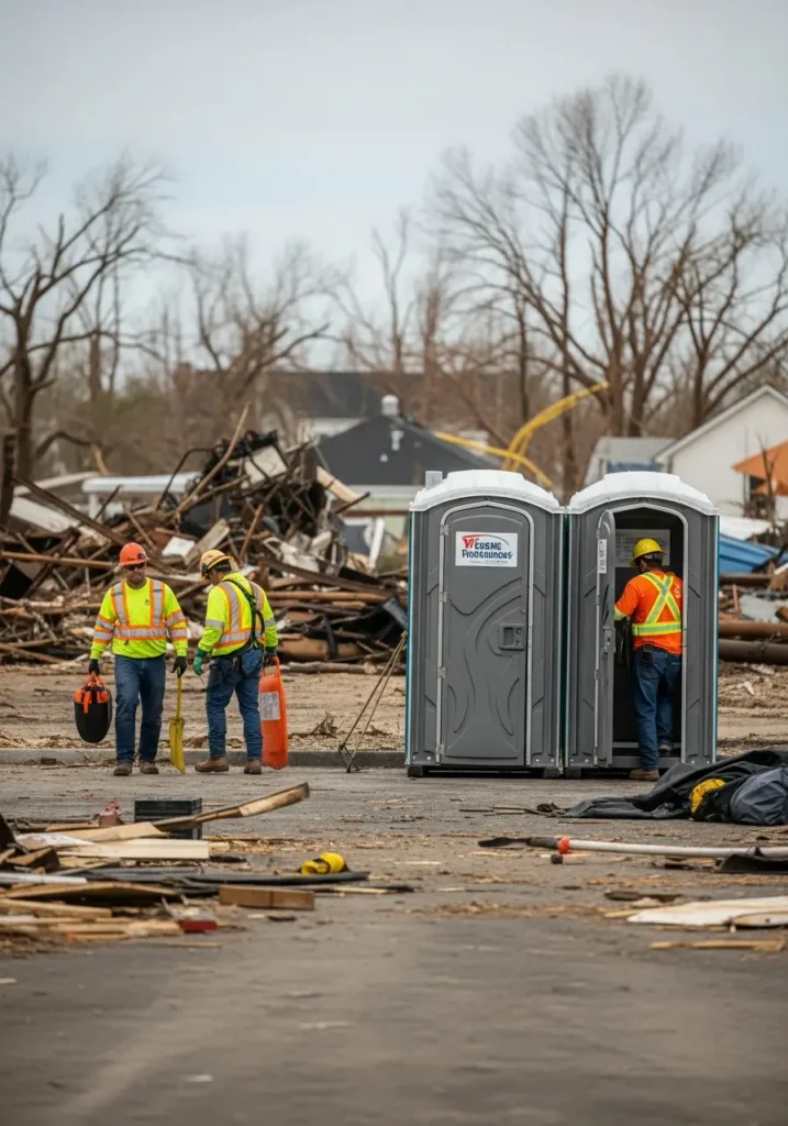 Cleanup workers wearing safety gear using portable restrooms on a site damaged by a storm or fire 85623 Oracle, AZ 6 Cleanup workers wearing safety gear using portable restrooms on a site damaged by a storm or fire 85623 Oracle, AZ 5