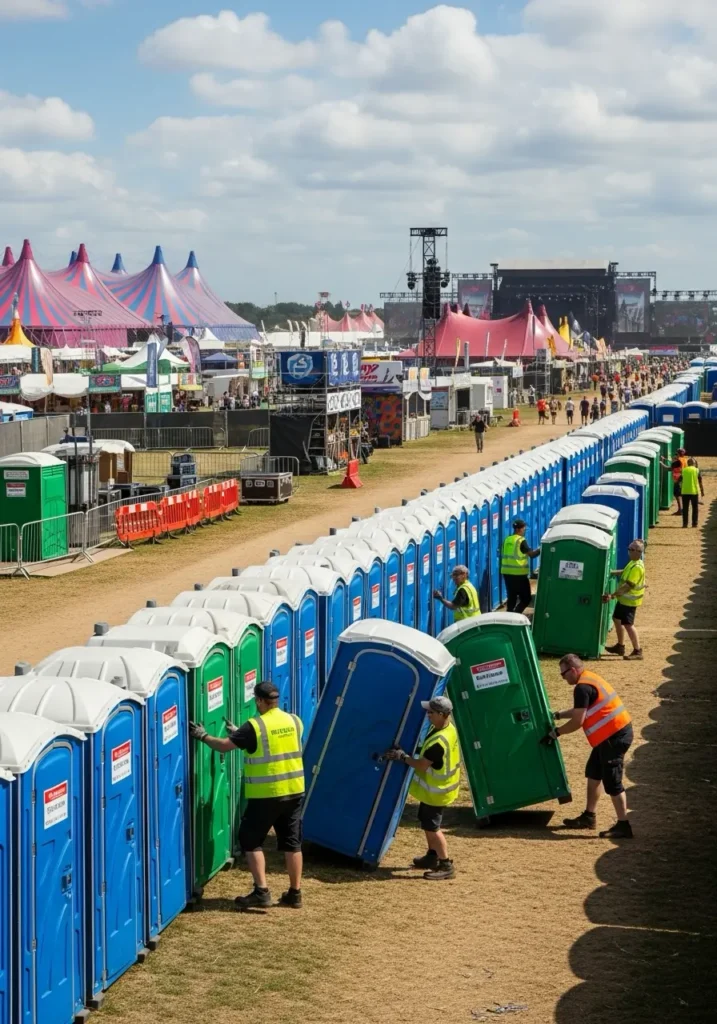 Event staff arranging portable toilets at a large outdoor festival with tents stages and vendor stalls visible in the background 85623 Oracle, AZ 4 Event staff arranging portable toilets at a large outdoor festival with tents stages and vendor stalls visible in the background 85623 Oracle, AZ 3