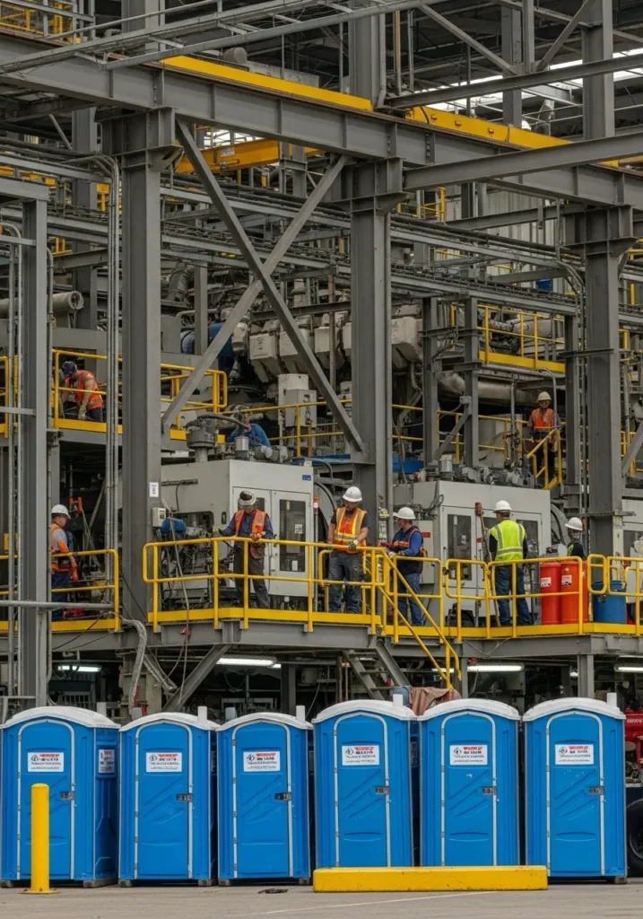 Maintenance crew working in a large industrial plant with porta potties positioned for temporary use 29676 Keowee Key, SC 5