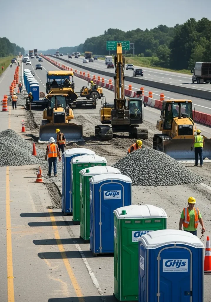 Porta potties placed along a highway roadwork zone with workers operating equipment nearby 85623 Oracle, AZ 2 Porta potties placed along a highway roadwork zone with workers operating equipment nearby 85623 Oracle, AZ 1
