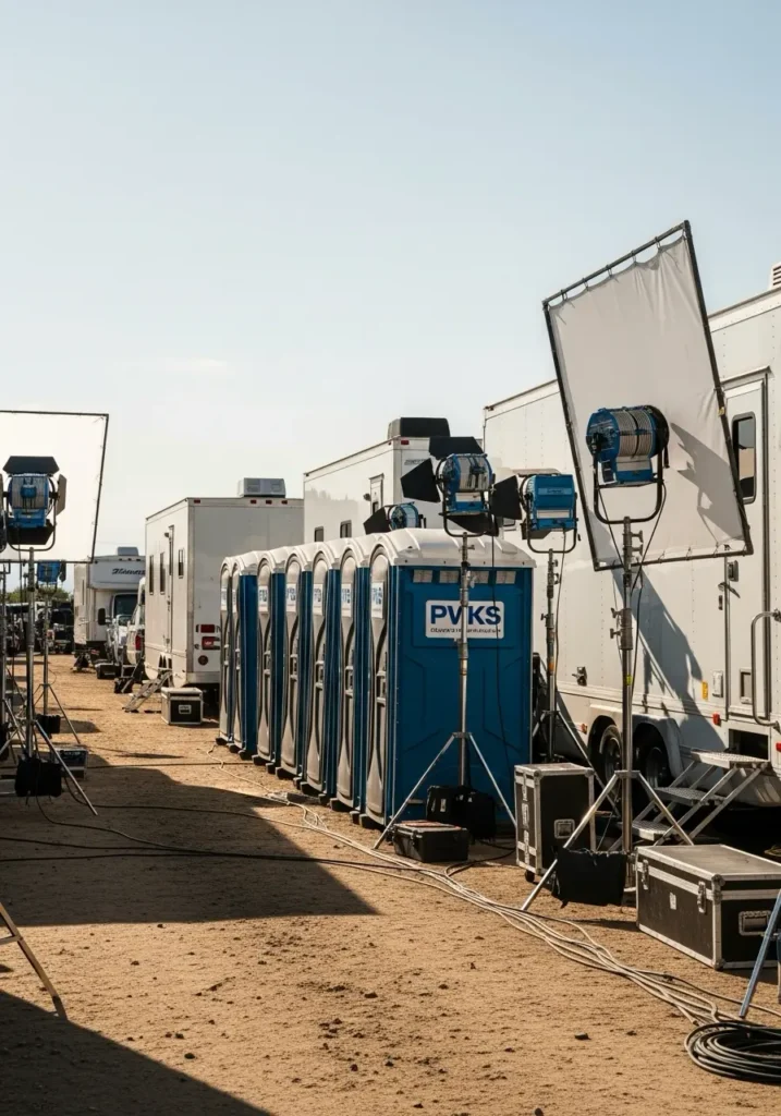 Portable restrooms placed beside trailers and lighting equipment on an outdoor filming location 7054 Troy Hills, NJ 4 Portable restrooms placed beside trailers and lighting equipment on an outdoor filming location 7054 Troy Hills, NJ 3