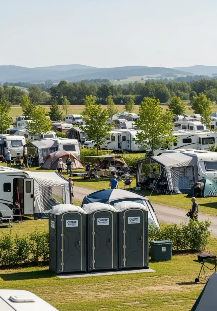 Portable restrooms placed near camping tents or RVs with visitors enjoying outdoor activities 68776 Dakota City, NE 1