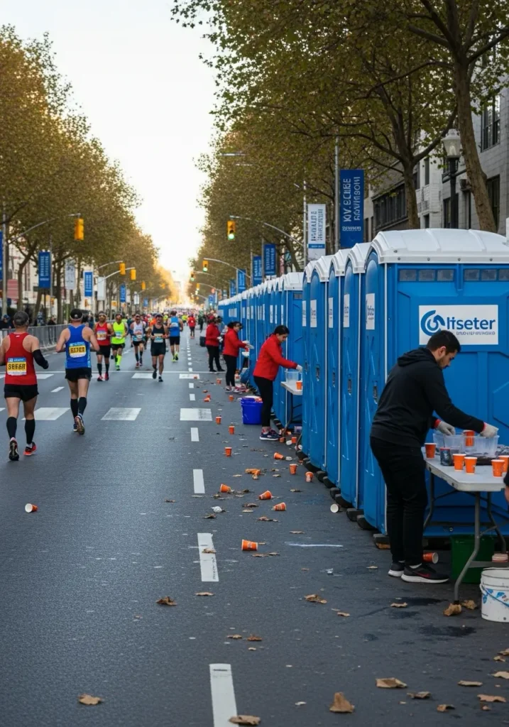 Rows of portable toilets lined up along a marathon route with runners and support staff visible 48371 Oxford, MI 2 Rows of portable toilets lined up along a marathon route with runners and support staff visible 48371 Oxford, MI 1