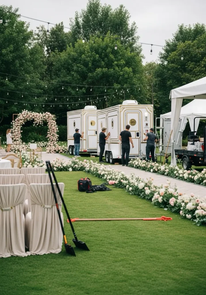 Setup crew placing luxury portable restrooms at a garden wedding venue with decorations in progress 48371 Oxford, MI 6 Setup crew placing luxury portable restrooms at a garden wedding venue with decorations in progress 48371 Oxford, MI 5