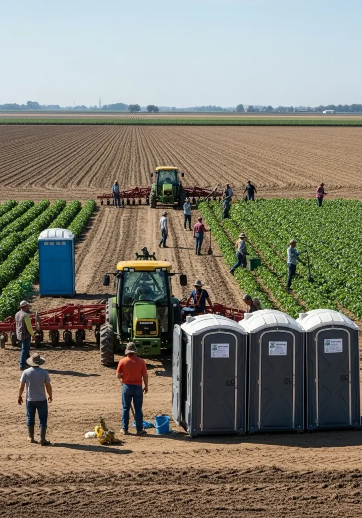Workers in a large farmland area using portable restrooms placed near tractors and crops 7054 Troy Hills, NJ 2 Workers in a large farmland area using portable restrooms placed near tractors and crops 7054 Troy Hills, NJ 1